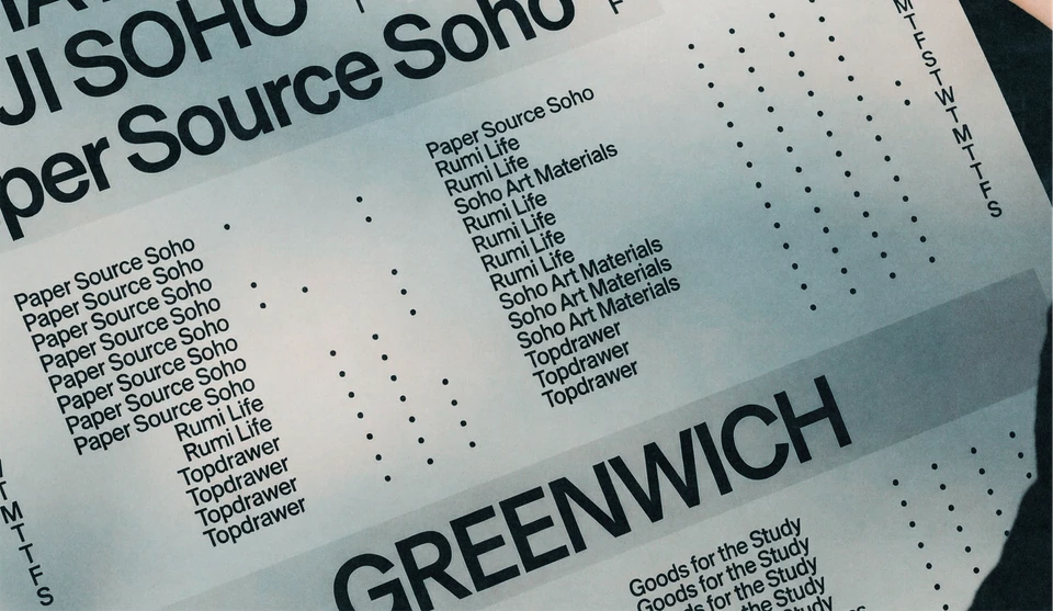 Close-up of a Paper Source Soho printed sheet with lists of paper materials and a dotted layout.