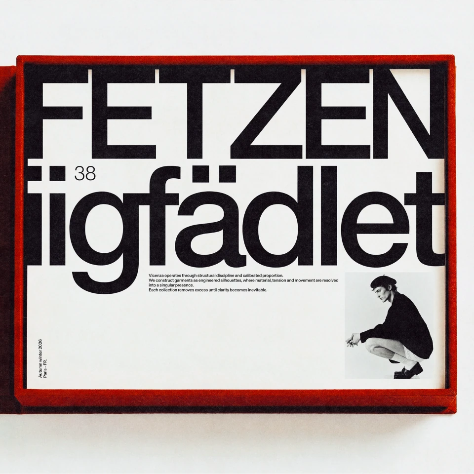 Fetzen typographic poster in a red frame with oversized black lettering and a crouching portrait.
