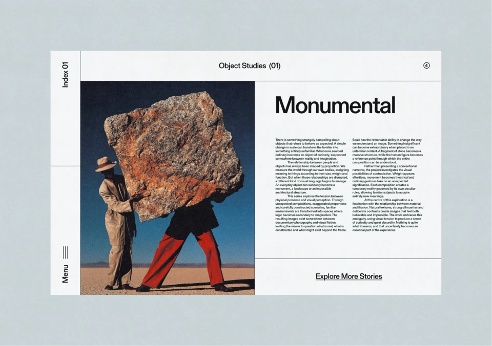 Monumental editorial webpage combining a large sculptural image with structured object-study text.