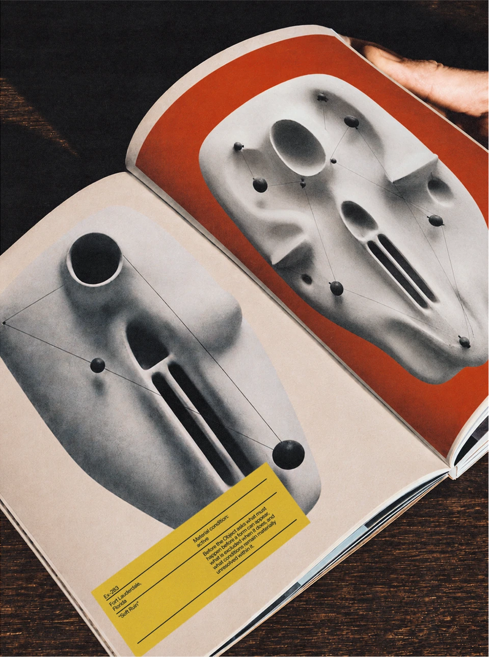 Open publication showing photographs of sculptural objects with yellow captions.