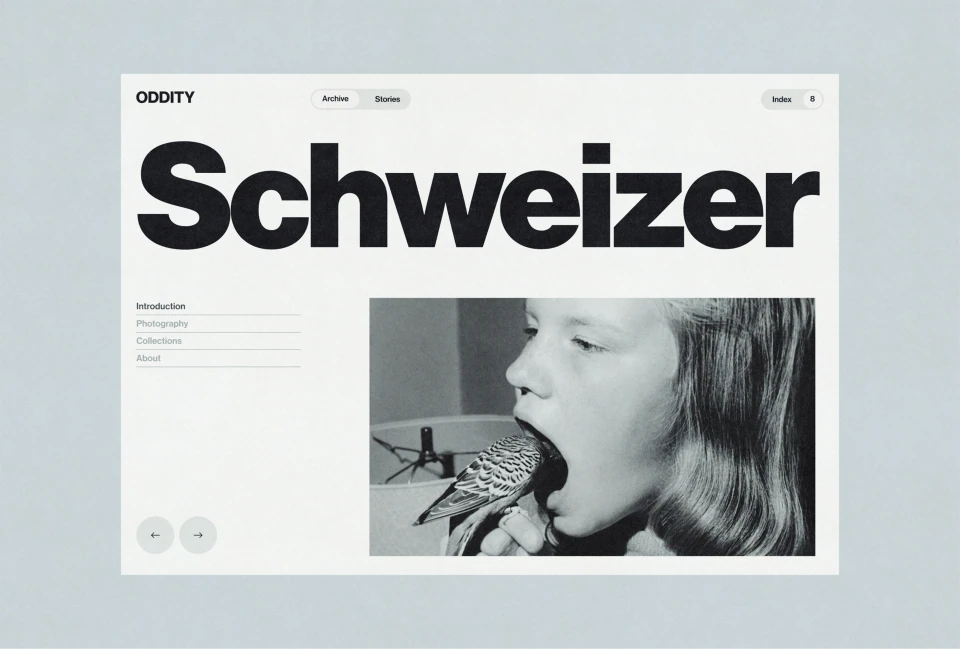 Oddity photography website featuring an oversized Schweizer headline and a monochrome portrait.