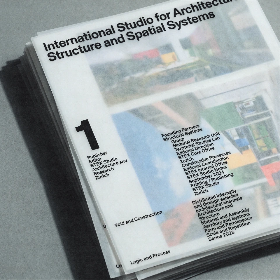 Stex architectural publication cover with a translucent grid of project photographs.