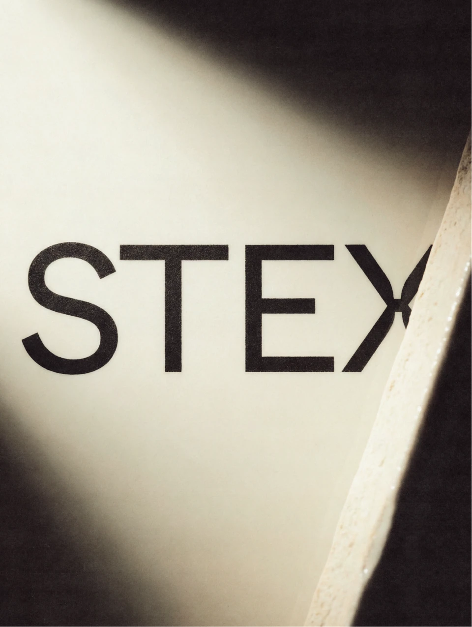 Black Stex wordmark printed on a pale curved surface.