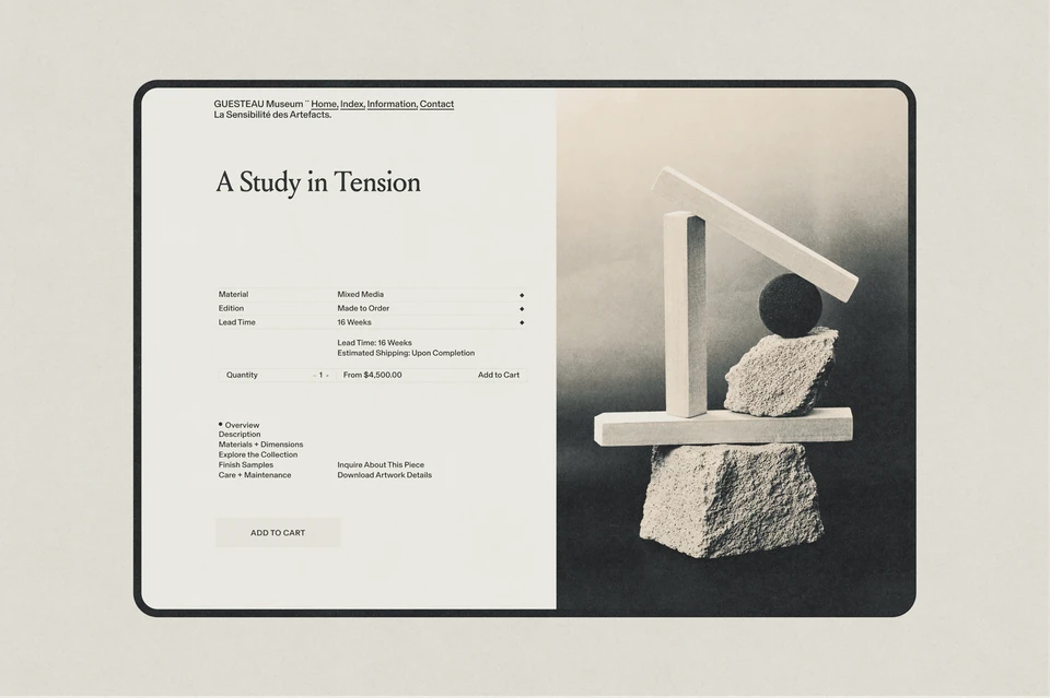Gusteau Museum website displayed on a tablet, pairing exhibition information with a balanced abstract sculpture.