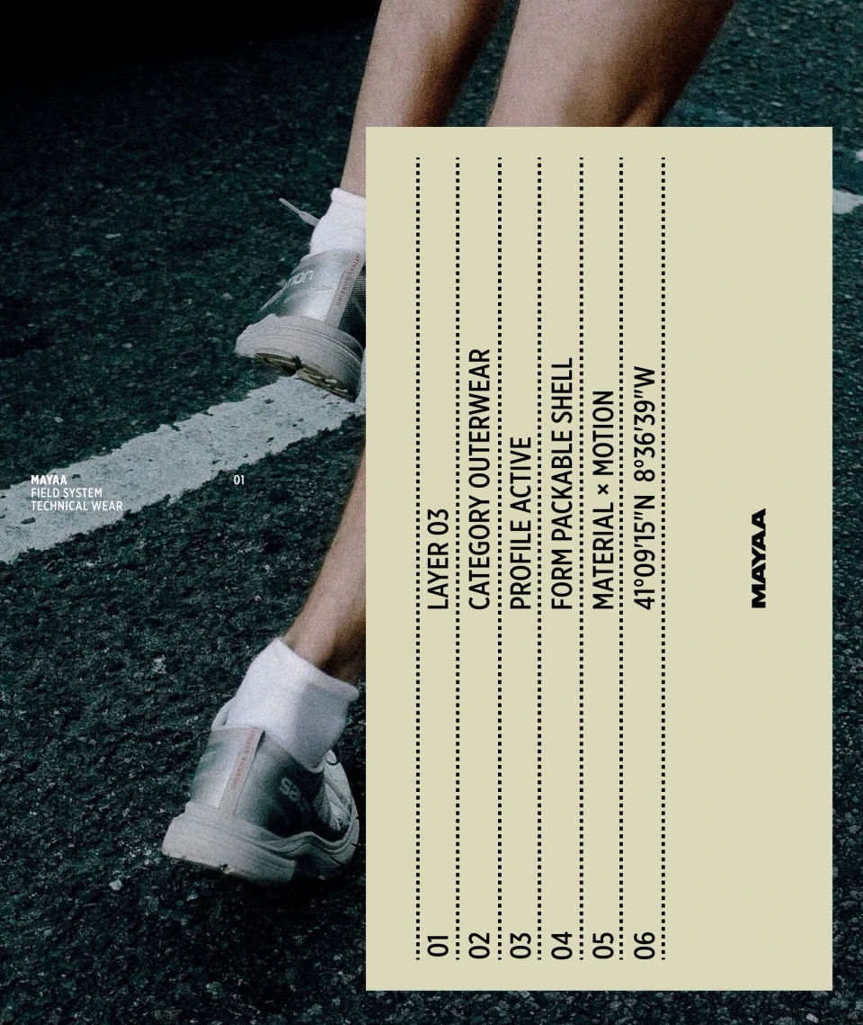 Mayaa technical-wear identity with running imagery and a pale typographic field-system panel.