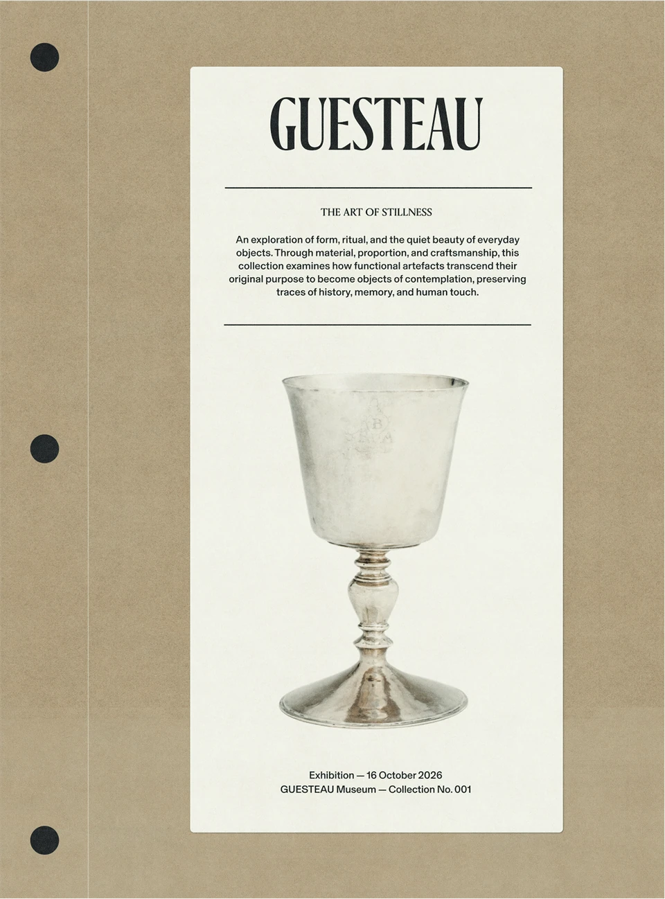 Cream Gusteau Museum exhibition sheet with black serif typography and a silver goblet, attached to a brown board.
