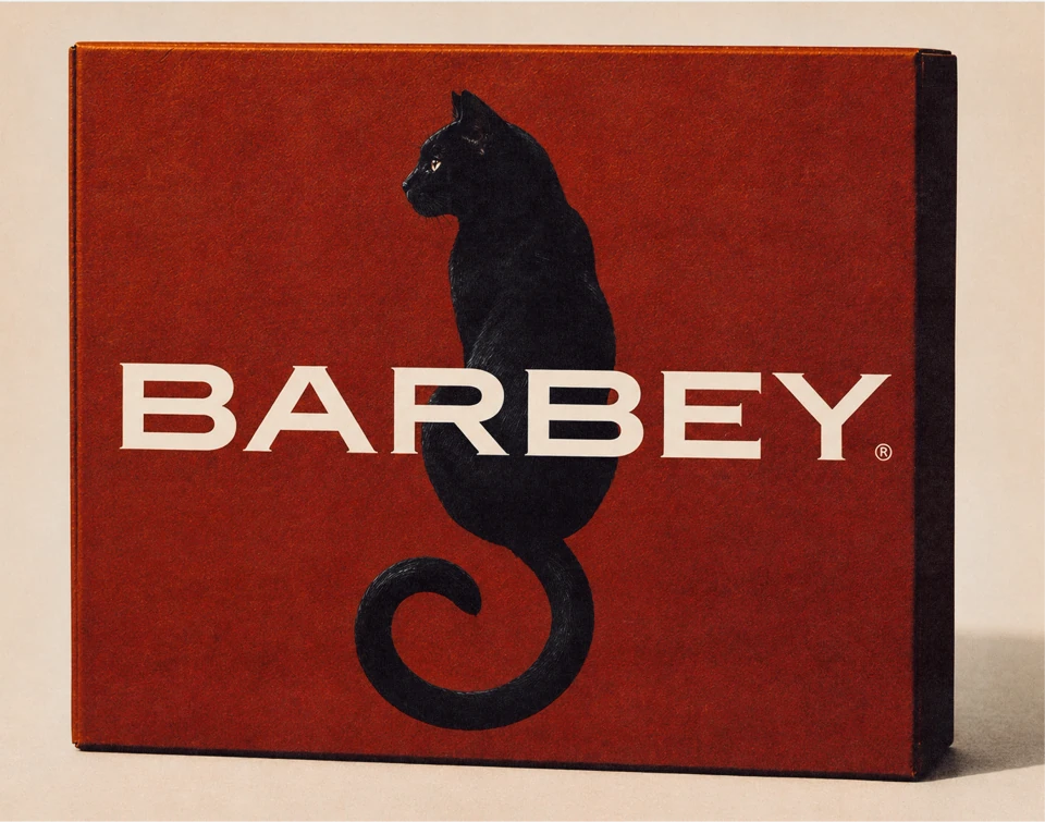 Red Barbey packaging box with a black cat silhouette and cream wordmark.