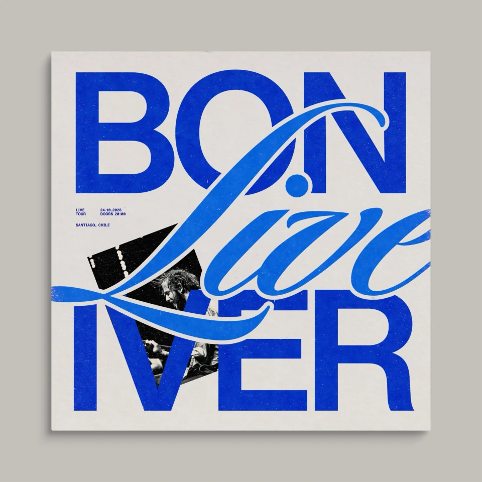 Bon Iver poster combining oversized blue lettering, expressive curves and monochrome photography.