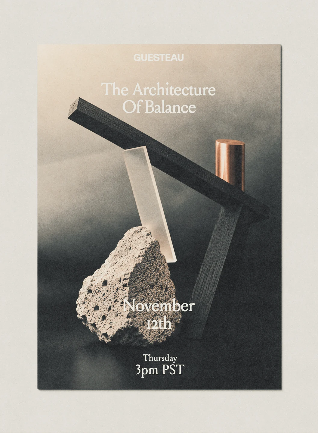 Gusteau exhibition poster titled The Architecture of Balance, showing a sculptural arrangement on a dark background.