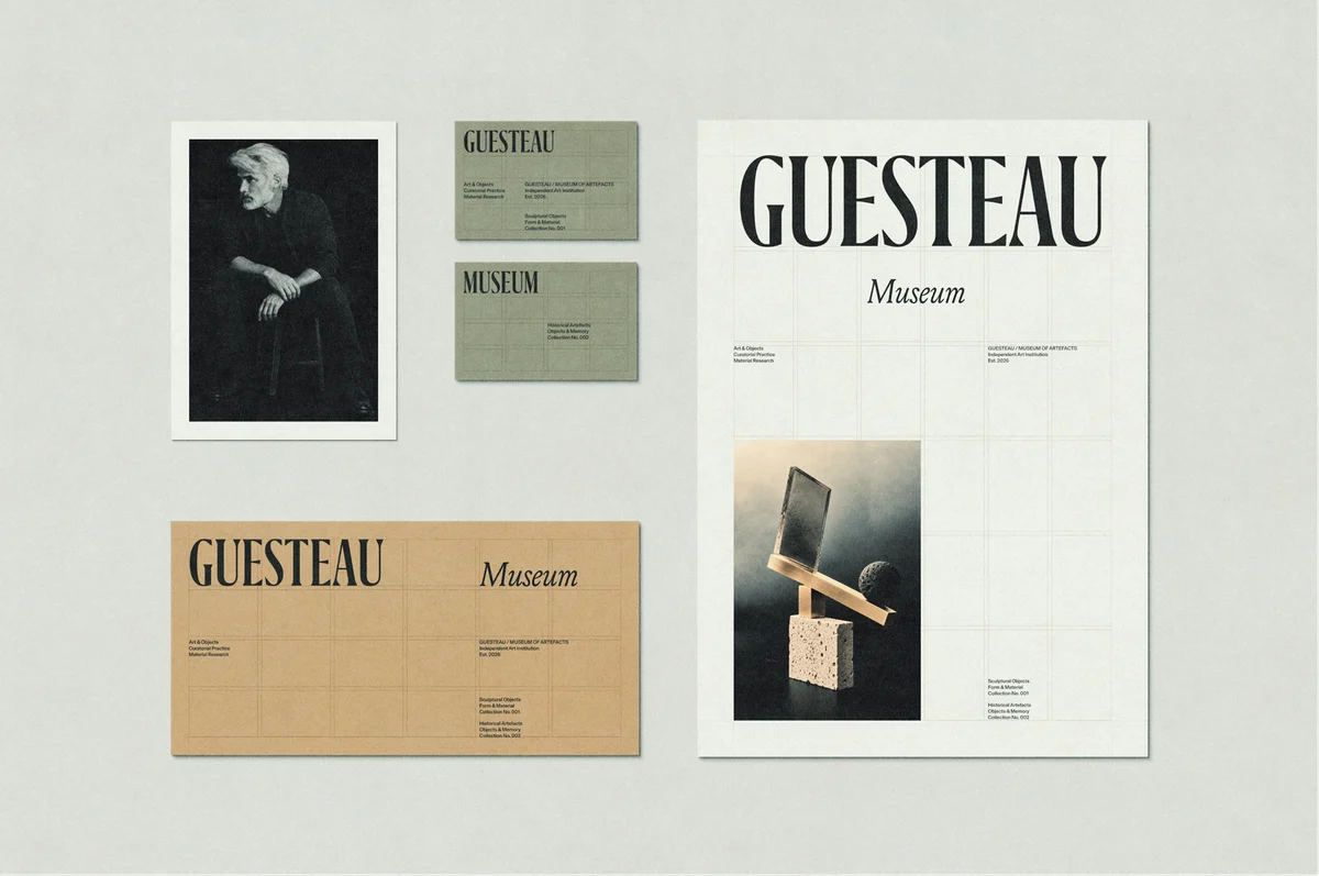 Gusteau Museum identity collection with a monochrome portrait, exhibition cards and a tall sculpture poster.